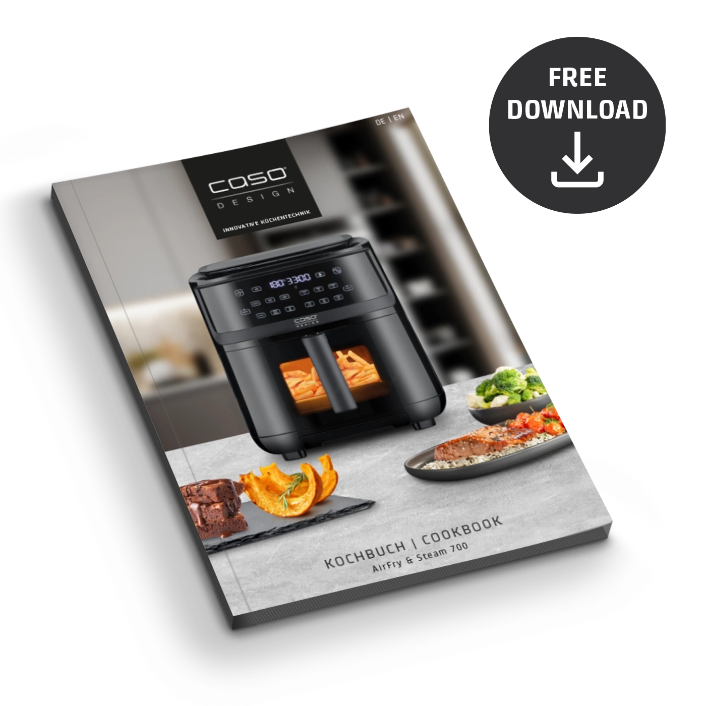 Cookbook with AirFry & Steam 700, free download button, and food on display.