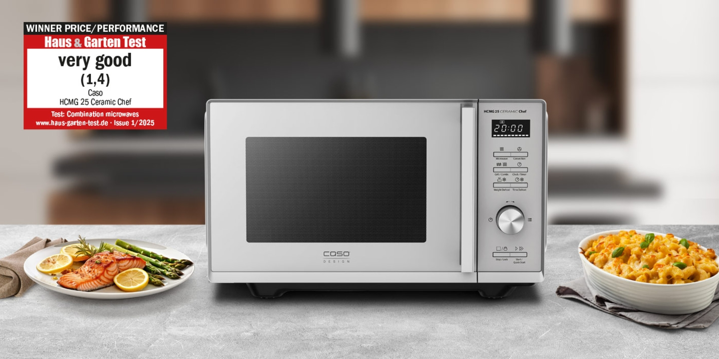 Microwave with rating, food, and accessories on a countertop.