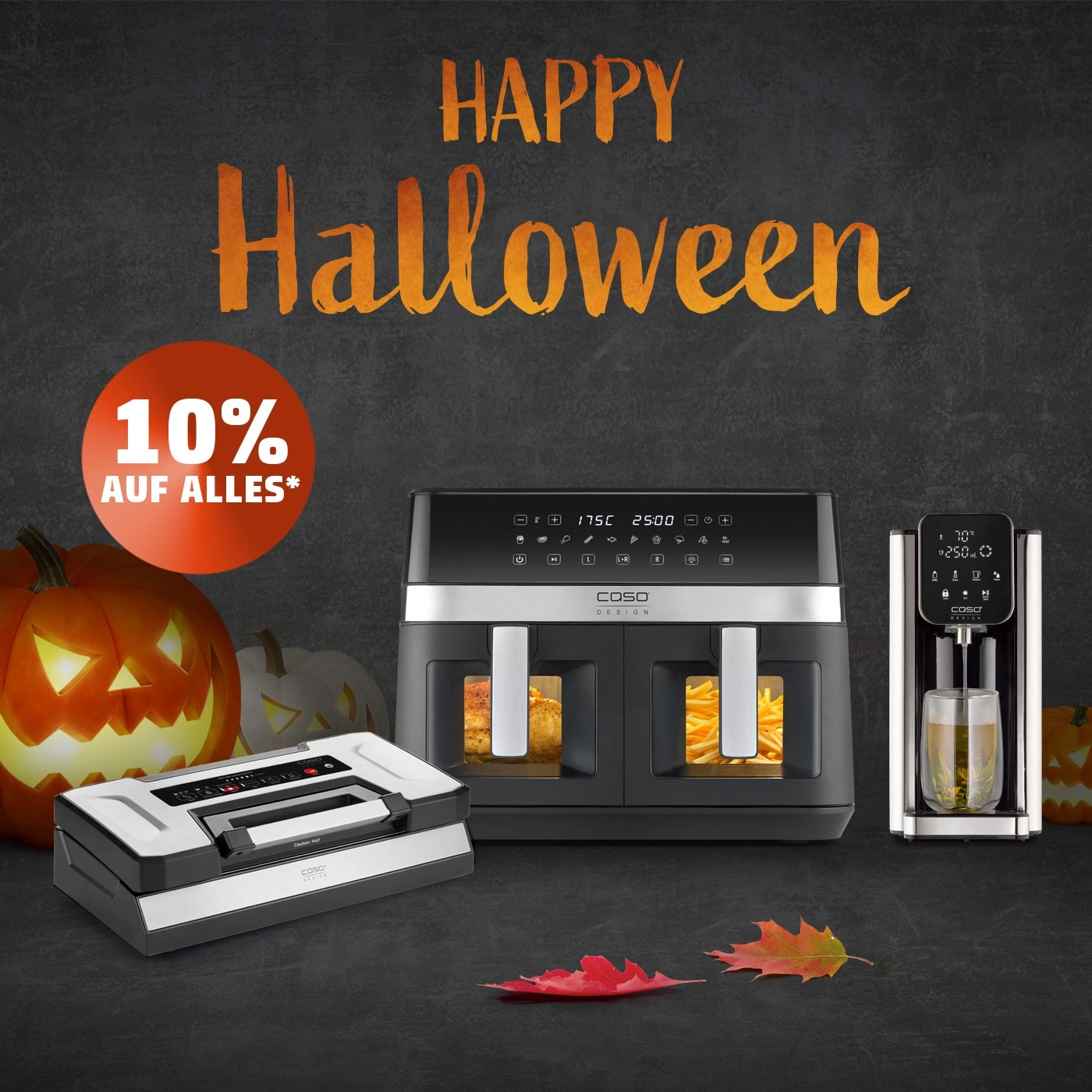 Happy Halloween with 10% off everything on a black background with pumpkins and appliances.
