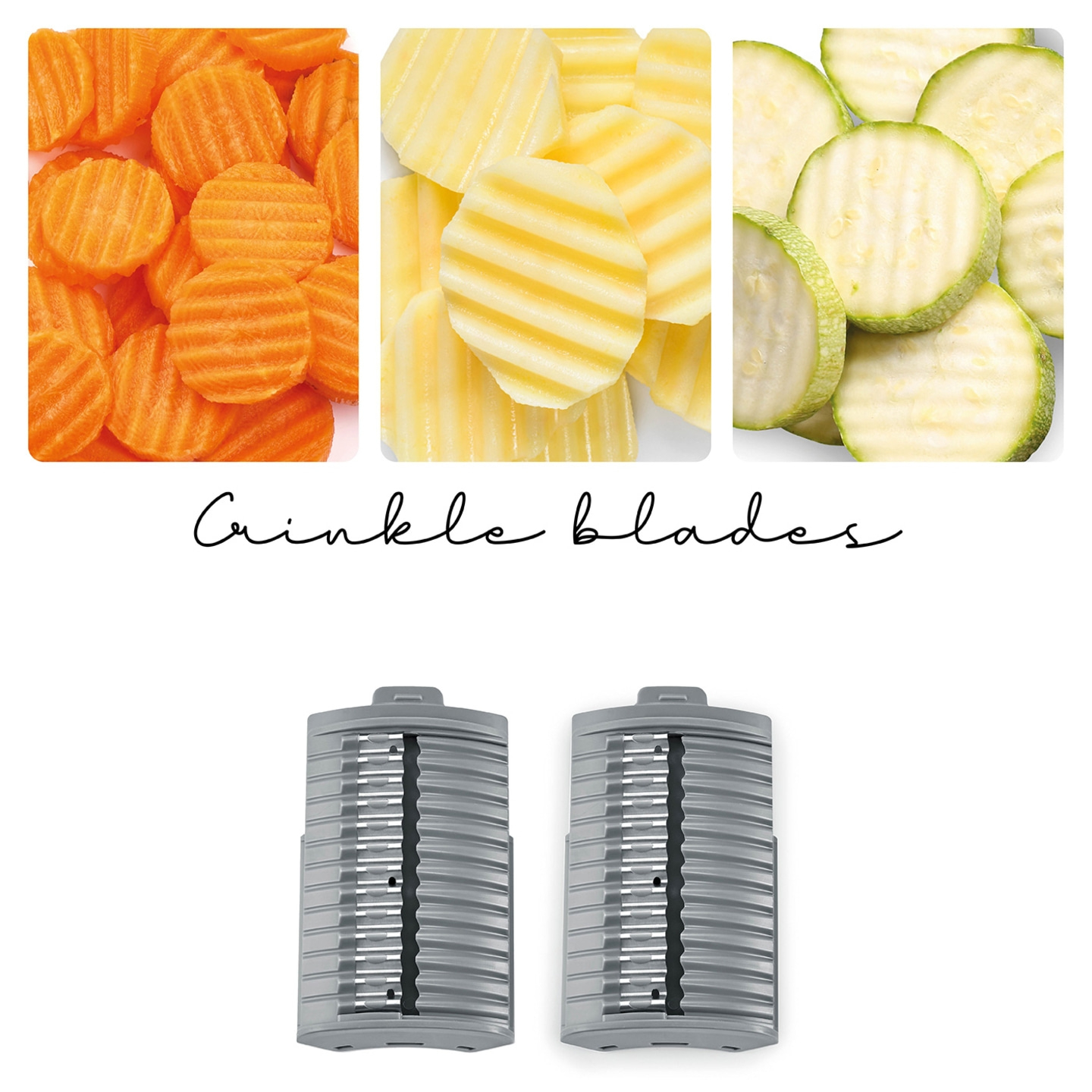 Vegetables with crinkle blades. Carrots, potatoes, zucchini. Kitchen utensils.