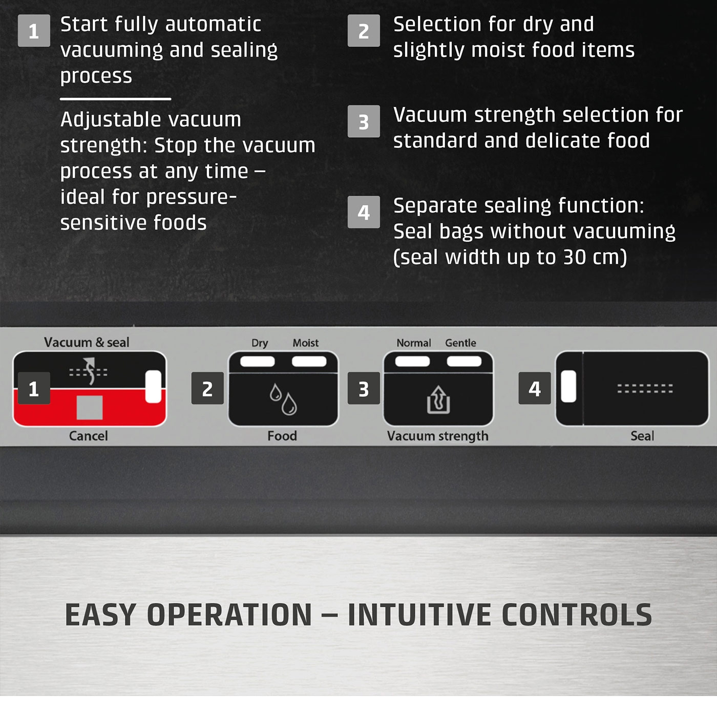 Vacuum sealer with features: vacuum, dry/moist, strength, seal, easy operation.