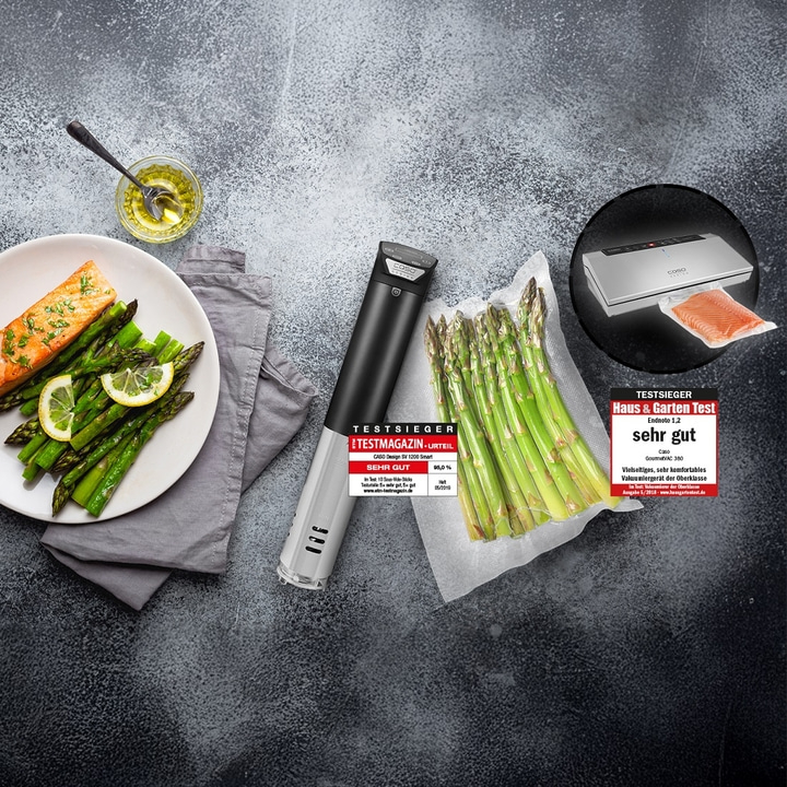 Gericht mit Spargel, Lachs und Vakuumierer. Testmagazin und Haus & Garten Test.