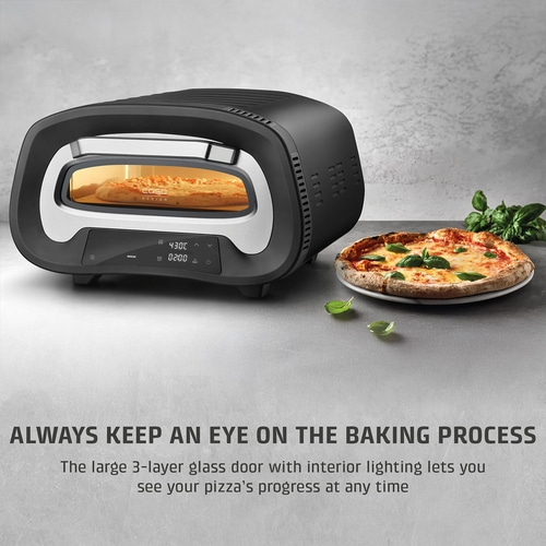 Pizza oven with pizza and text: Baking process always in view.