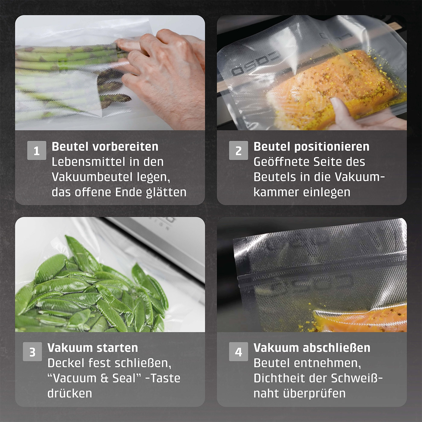 Vacuum process: food in bag, position, start vacuum, close and check seal.