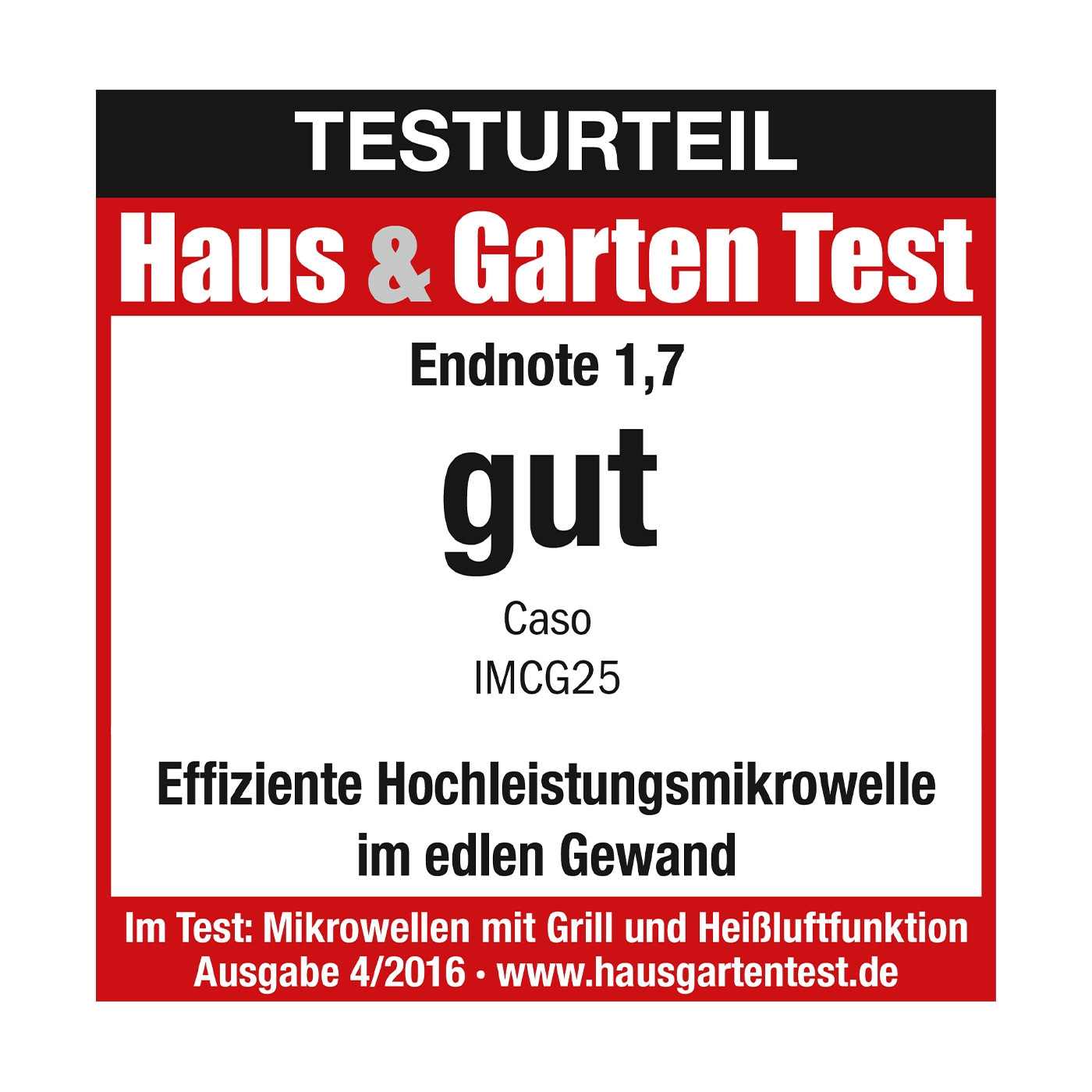 Test result Haus & Garten Test, grade 1.7, good, Caso IMCG25, microwave with grill and hot air function