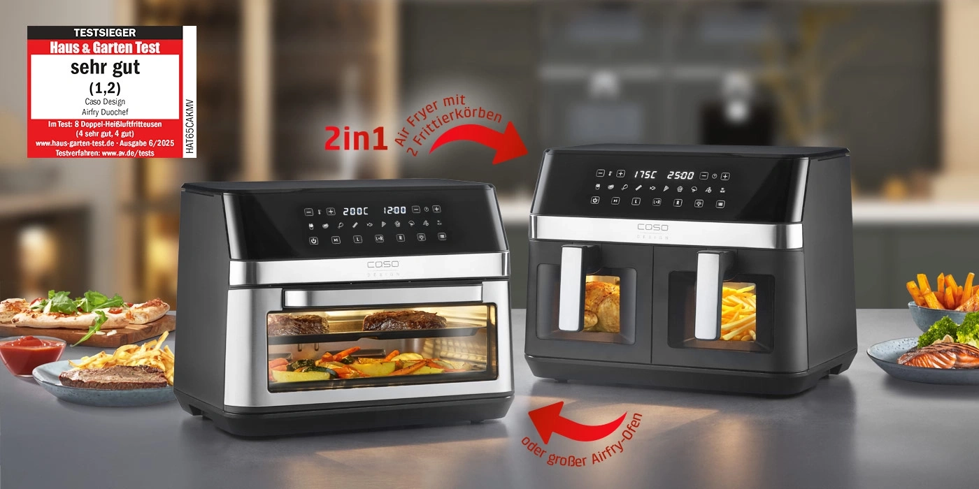 Zwei Caso Airfryer mit Doppel-Heißluftfritteusen und einem Testurteil 'sehr gut'.
