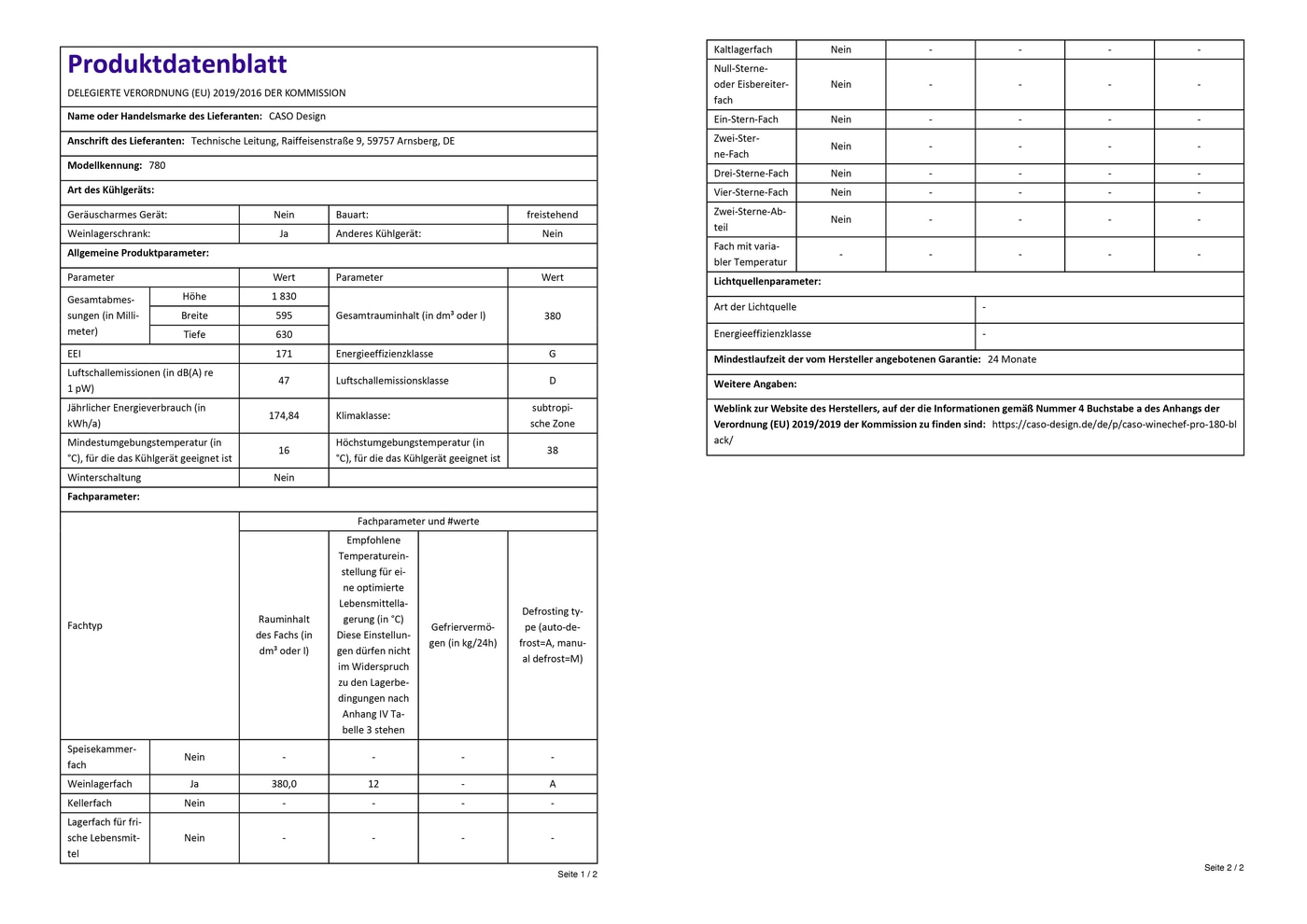 Produktdatenblatt Kühlschrank: Technische Daten, Energieeffizienz, Abmessungen, Fachparameter, Weinlagerfach.