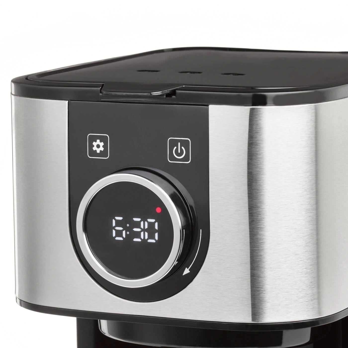 Kaffeemaschine mit digitaler Anzeige, Uhrzeit 6:30, Edelstahl-Design, schwarzes Bedienfeld