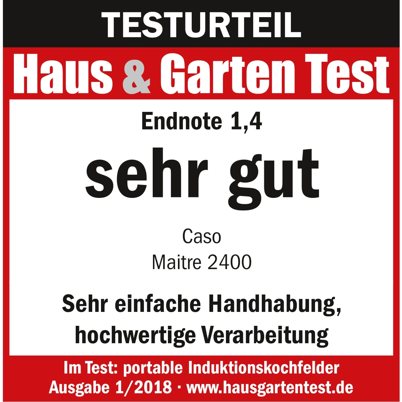 Haus & Garten Test, Endnote 1,4, sehr gut, Caso Maitre 2400, Handhabung, Verarbeitung