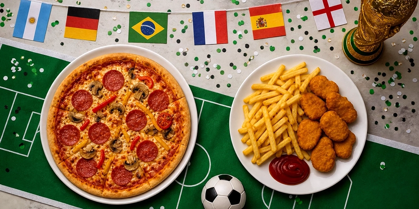 Fuballparty mit Pizza, Nuggets, Pommes und Pokal.
