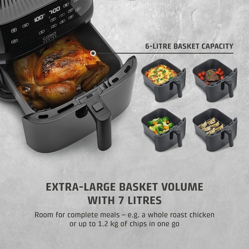Air fryer with chicken and various foods, 7 liter basket volume, extra large.