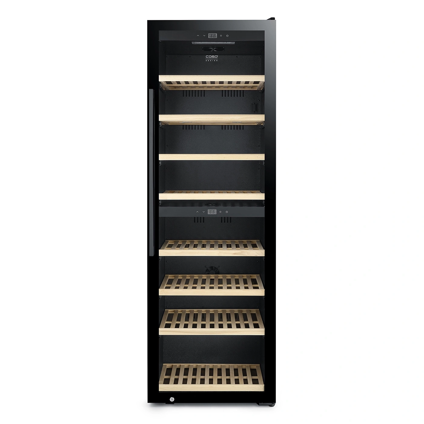 Ein schwarzer Weinkühlschrank mit Holzböden und digitaler Anzeige.