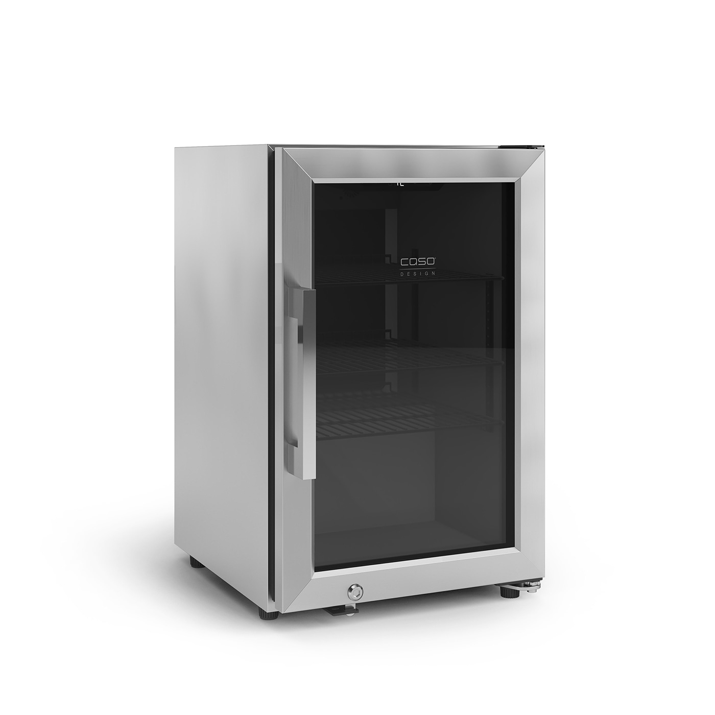 Edelstahl-Kühlschrank mit Glastür und Caso-Design-Logo, isoliert auf weißem Hintergrund