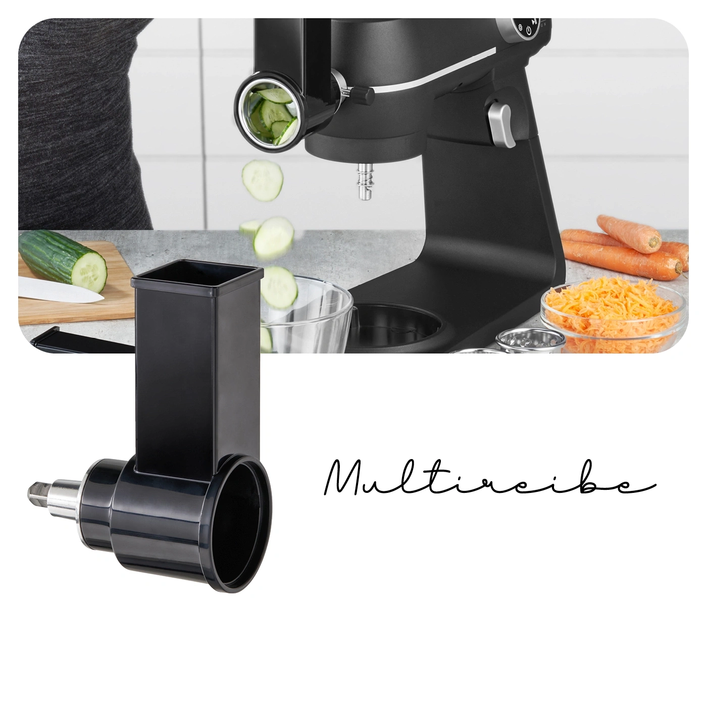 Schwarze Küchenmaschine mit Zubehör, die Gurken schneidet und Karotten reibt.