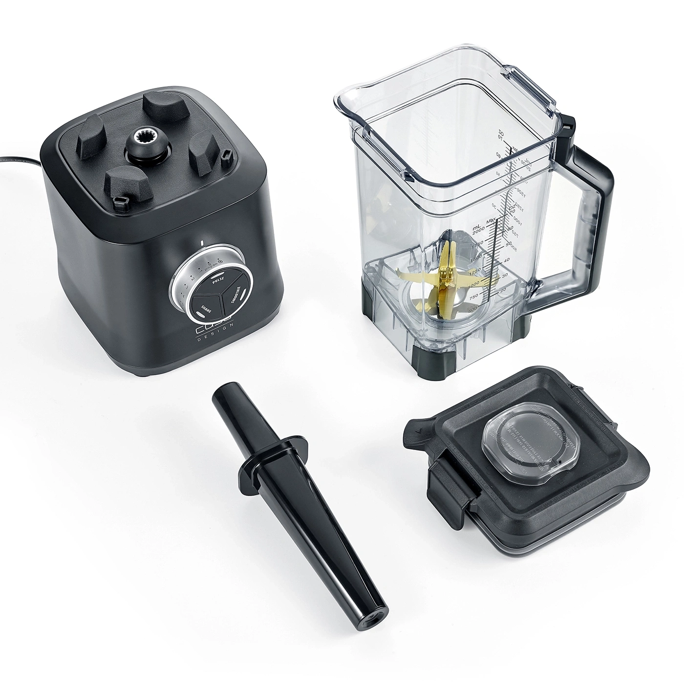 Black blender with container, lid, and stirring rod on a white background.