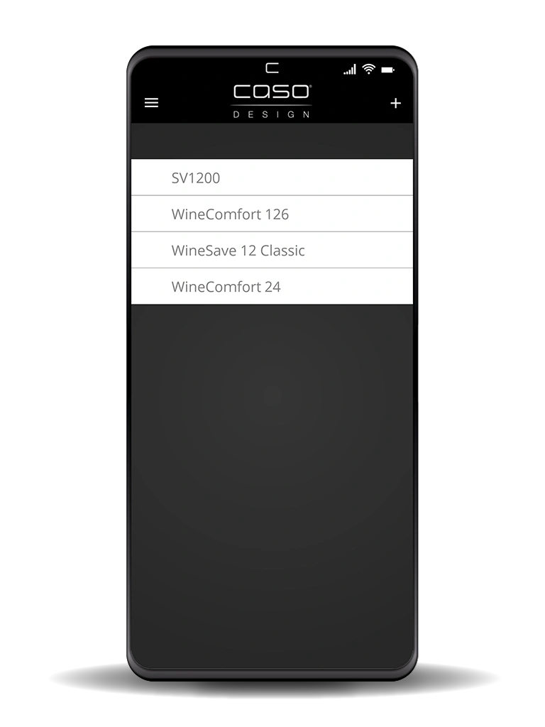 Smartphone app displaying product list: SV1200, WineComfort 126, WineSave 12 Classic, WineComfort 24.