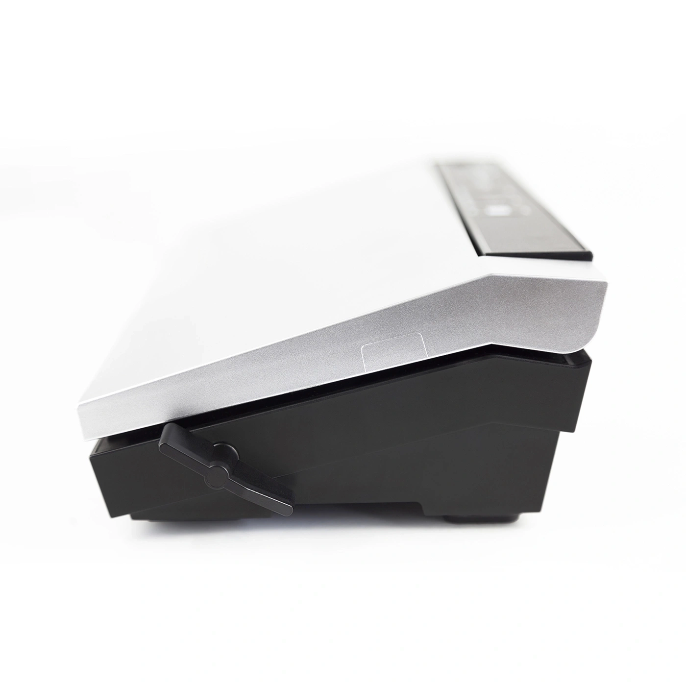 Side view of a device with silver top and black bottom, isolated