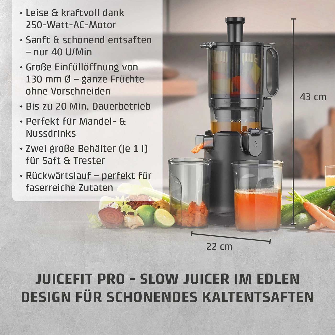 Ein Slow Juicer mit Saftbehälter und Obst, der 43 cm hoch und 22 cm breit ist.