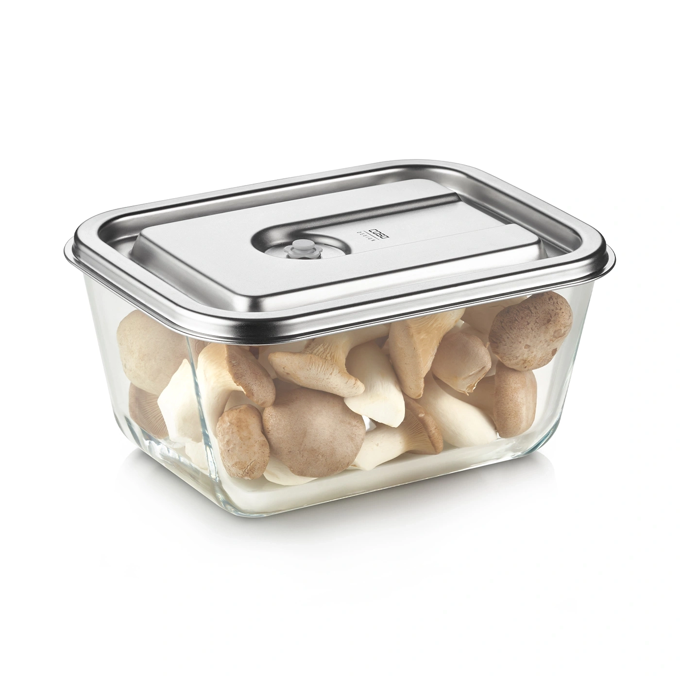 Glass container with mushrooms, metal lid, rectangular, isolated, white background