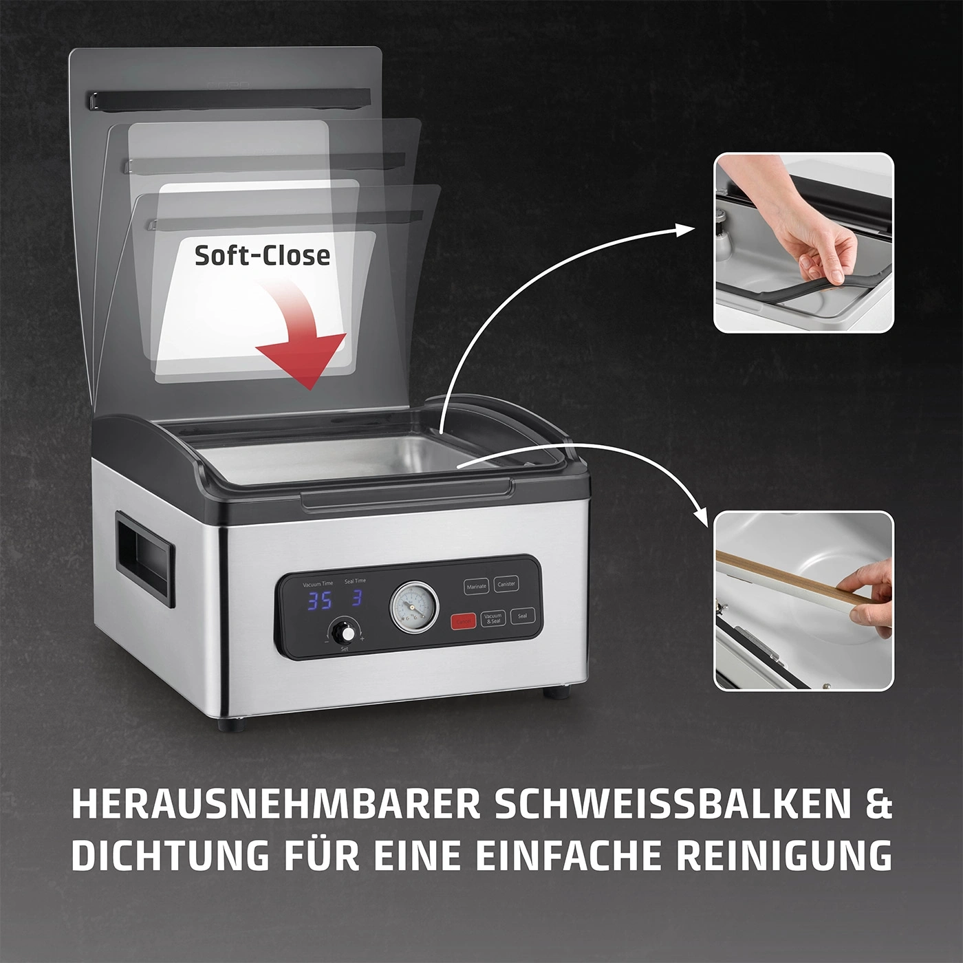 Vakuumiergerät mit Soft-Close-Funktion, herausnehmbarem Schweißbalken und Dichtung.