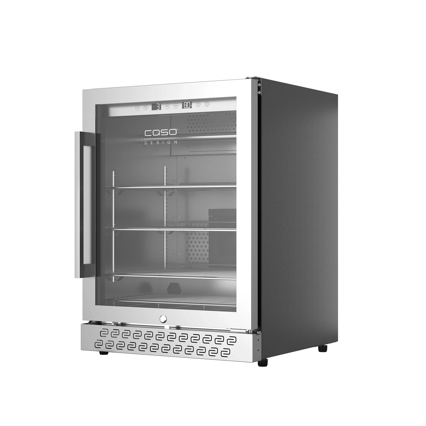 Refrigerator with glass door, Caso Design, stainless steel, beverage cooler, interior, shelves