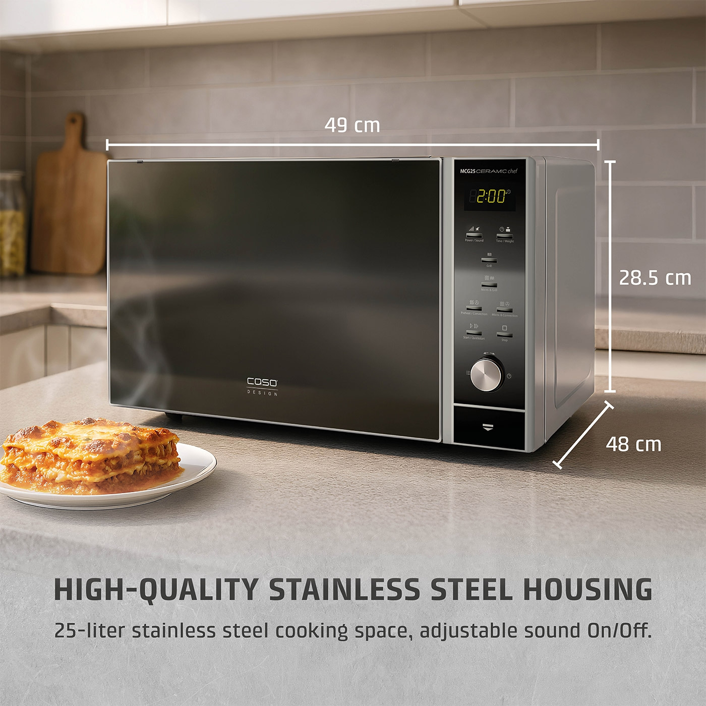 Microwave with stainless steel housing, 49x48x28.5 cm, 25 liter capacity, sound on/off