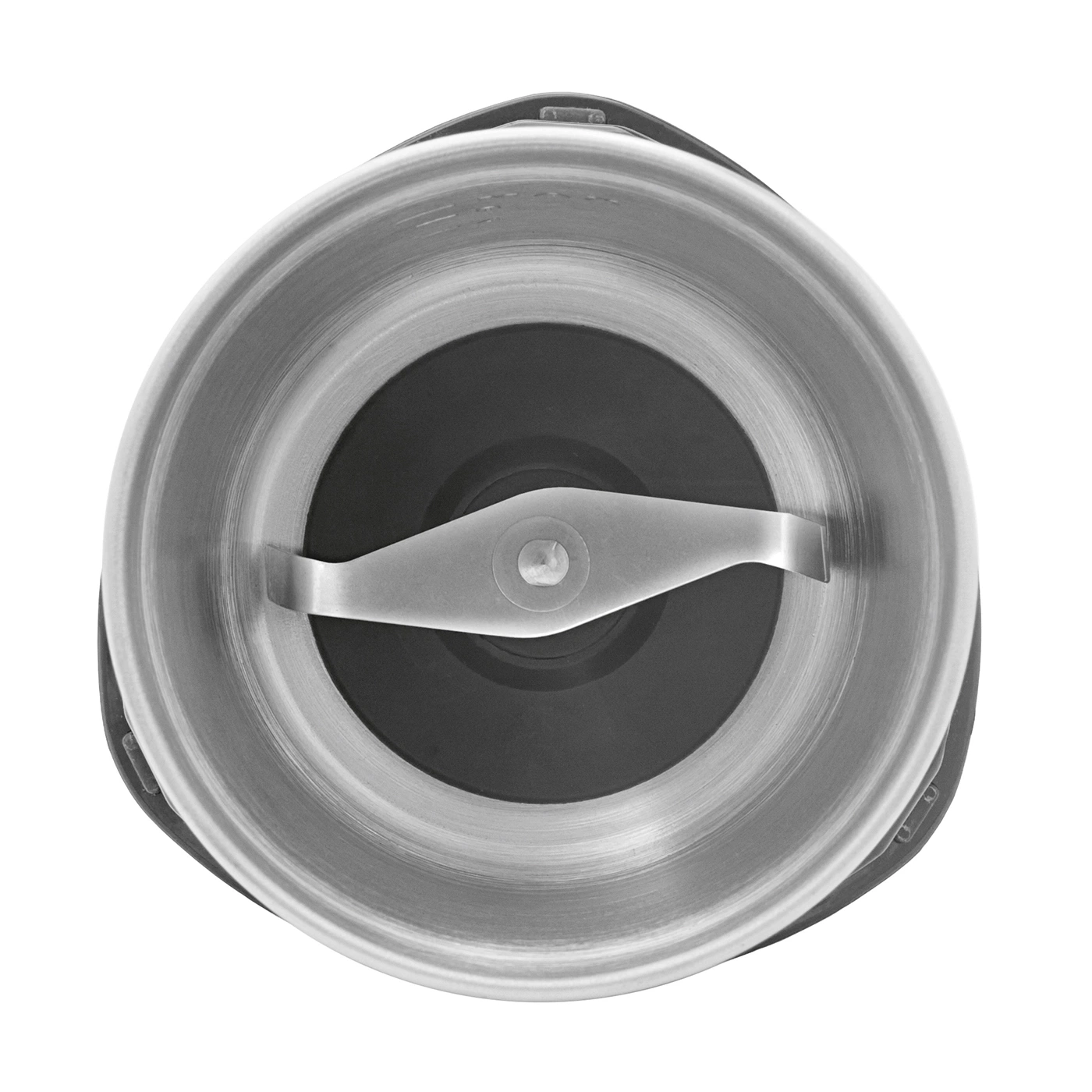 Draufsicht auf einen Kaffeemühle mit Klinge und Metallbehälter