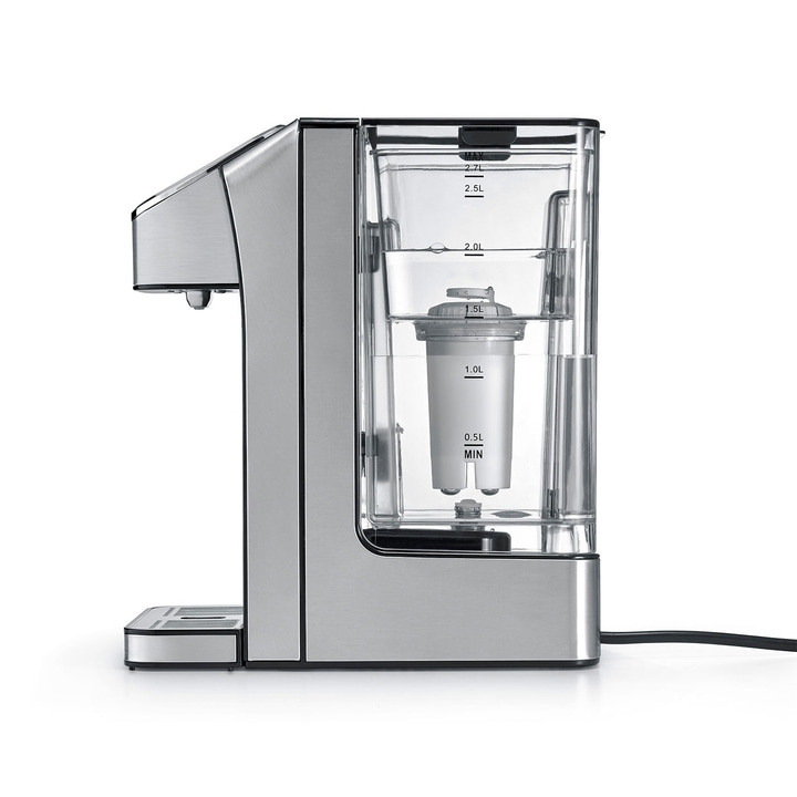 Edelstahl-Wasserfilter mit transparentem Wassertank und Filter. Modernes Design.