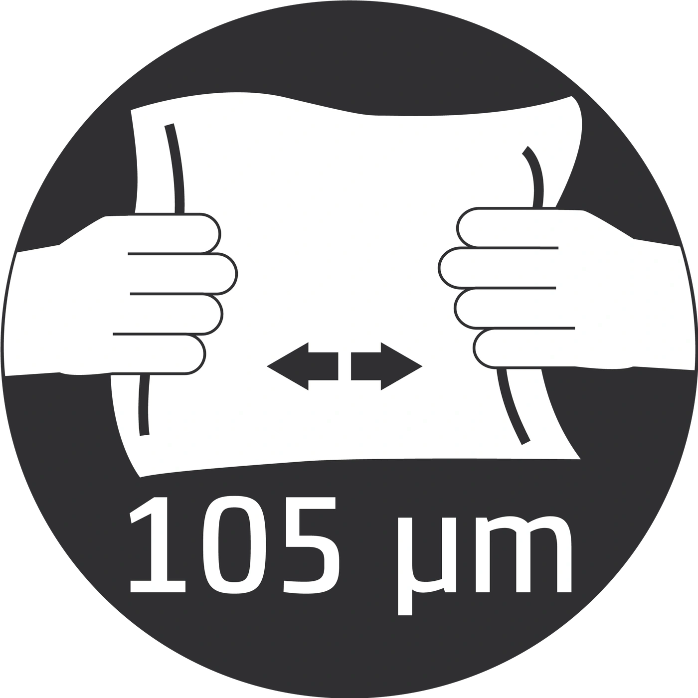 Hände ziehen Papier auseinander, 105 µm, schwarzer Hintergrund, Kreis, Symbol
