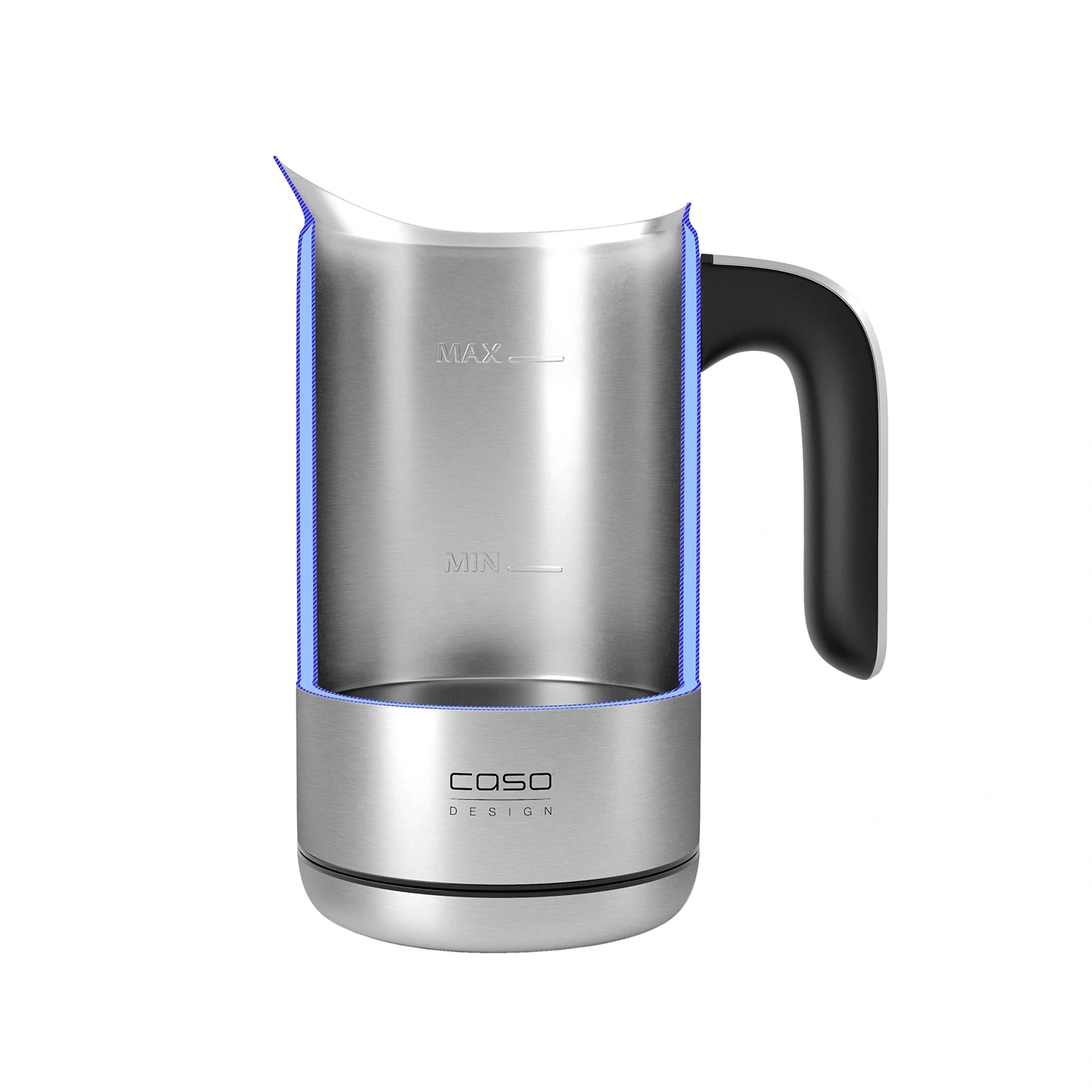 Stainless steel kettle with handle, MAX and MIN markings, blue light, and Caso design.