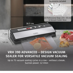 Vacuum sealer with accessories, dimensions, and text. Suitable for versatile vacuuming.