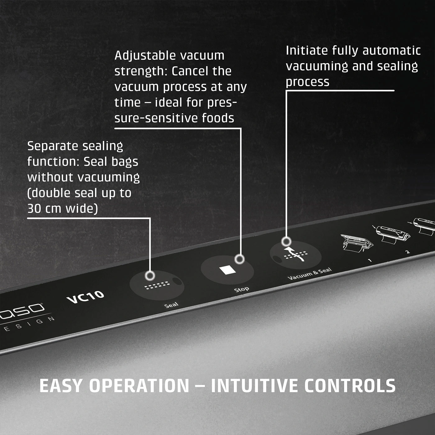 Vacuum sealer with features: vacuum, seal, stop, easy to use, for food preservation.