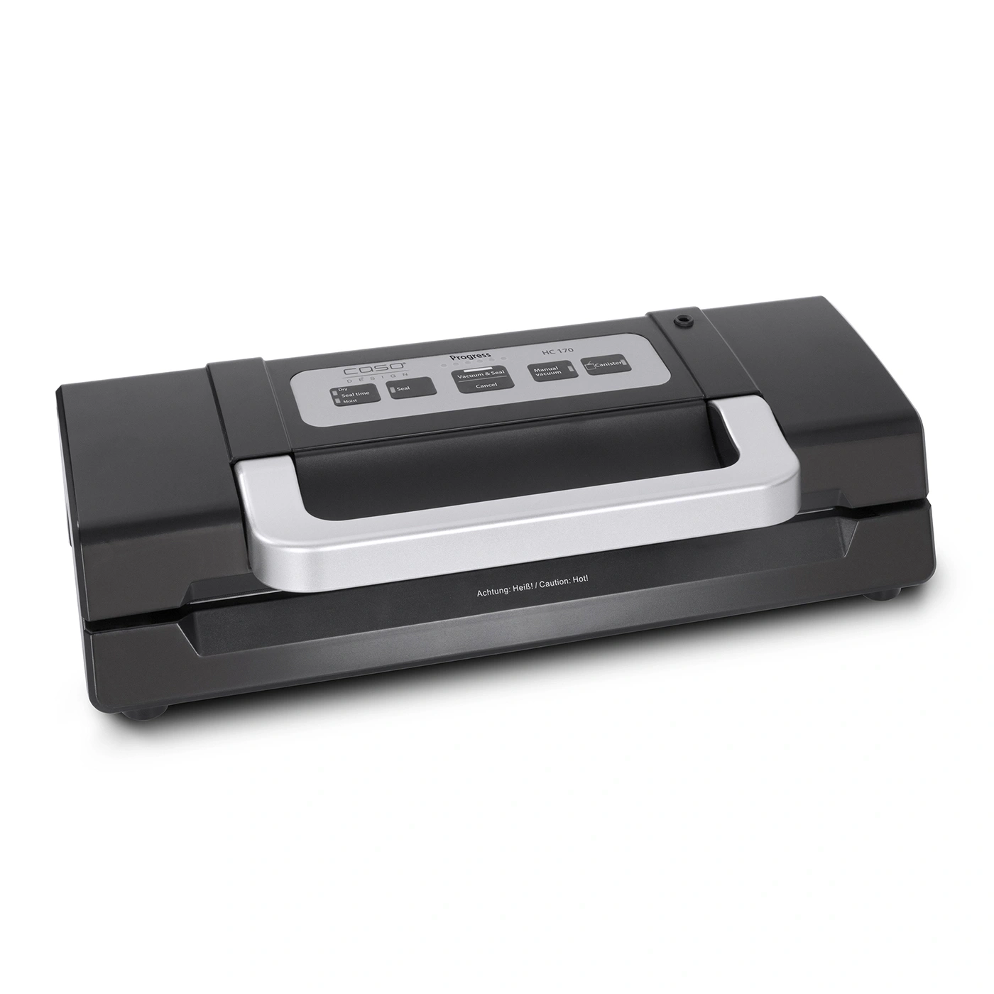 Vacuum sealer with control panel and warning. Black and silver design.