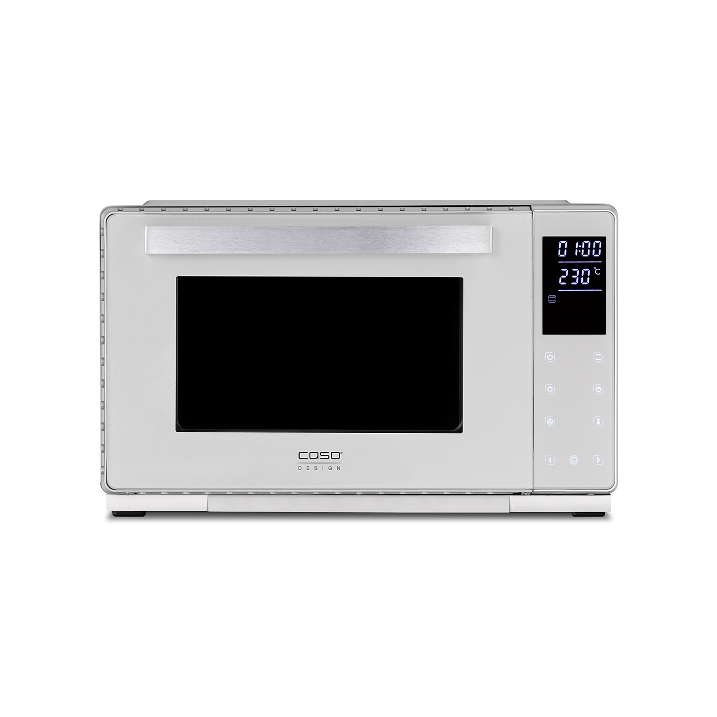 White oven with digital display and control buttons, Caso Design.
