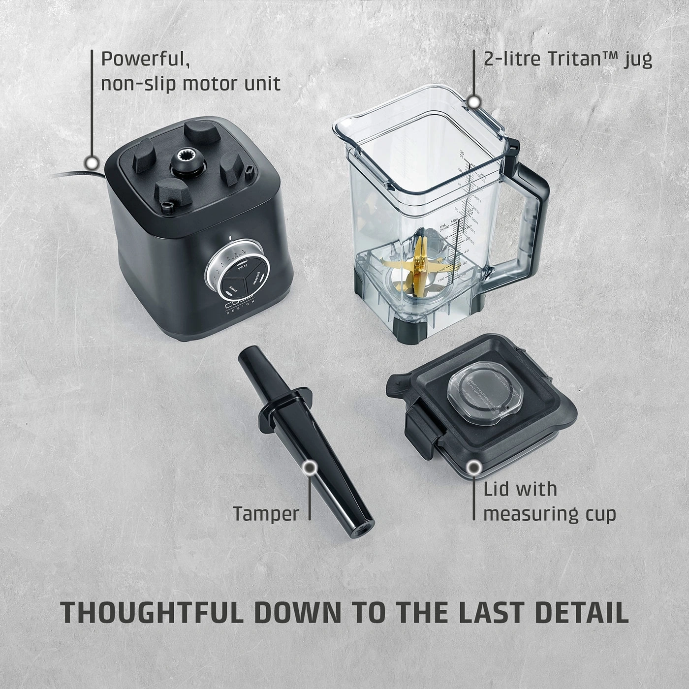 Blender with motor base, container, lid, and tamper