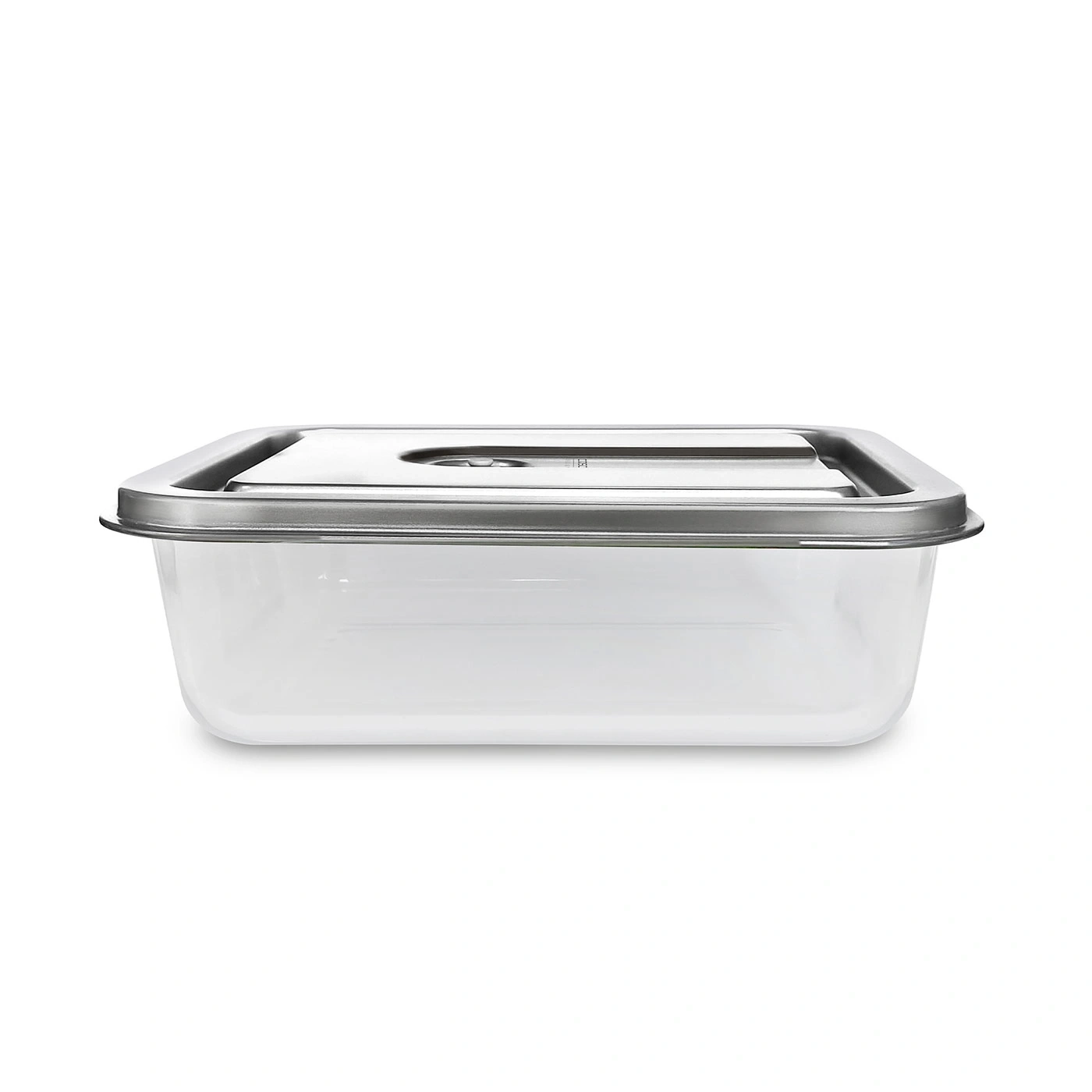 Clear rectangular storage container with silver lid, isolated on white background, food storage.