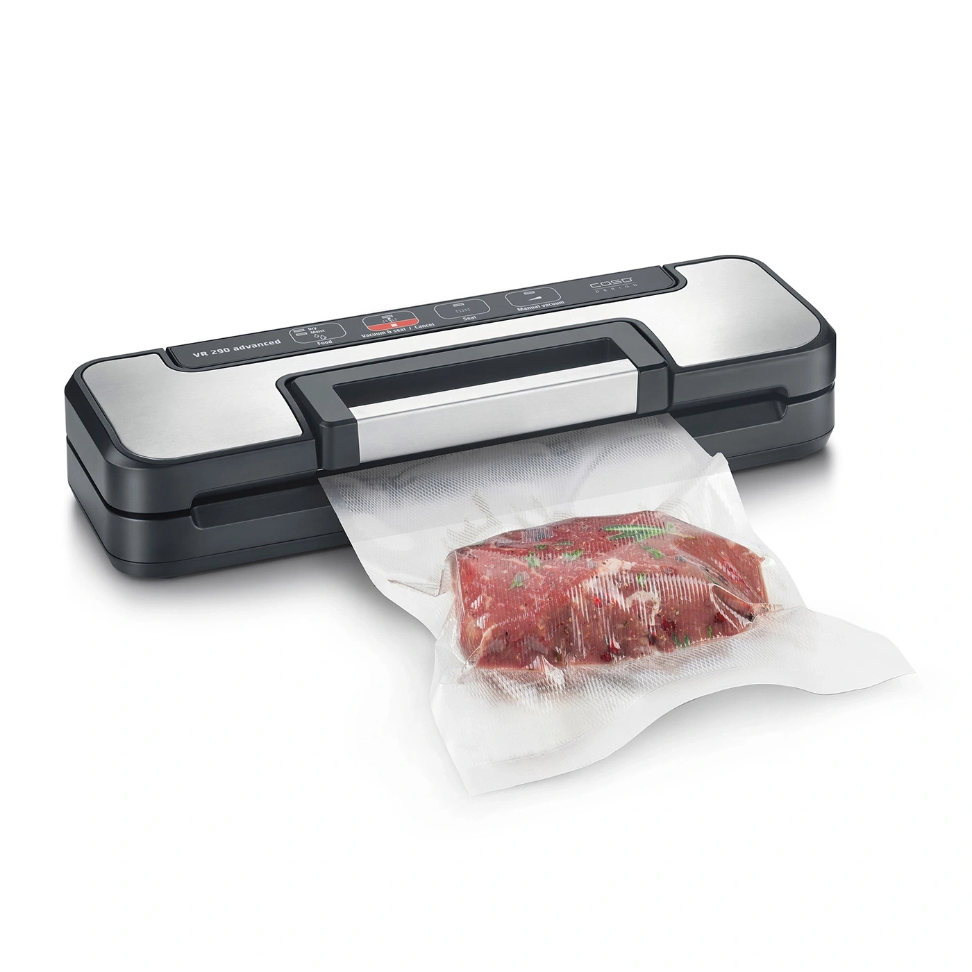A vacuum sealer machine is sealing a piece of raw meat in a plastic bag.
