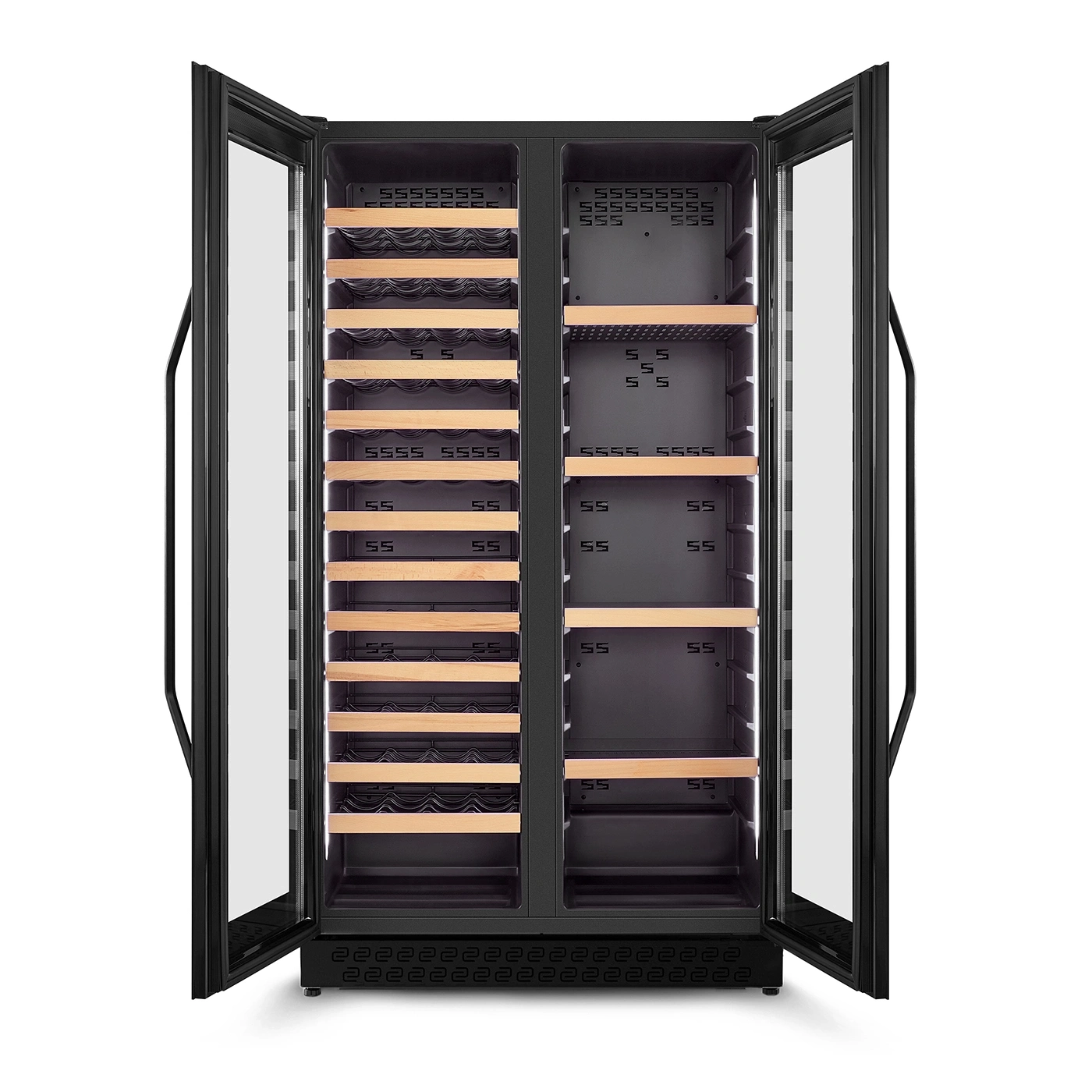 Wine cooler with open doors, wooden shelves and glass fronts, black