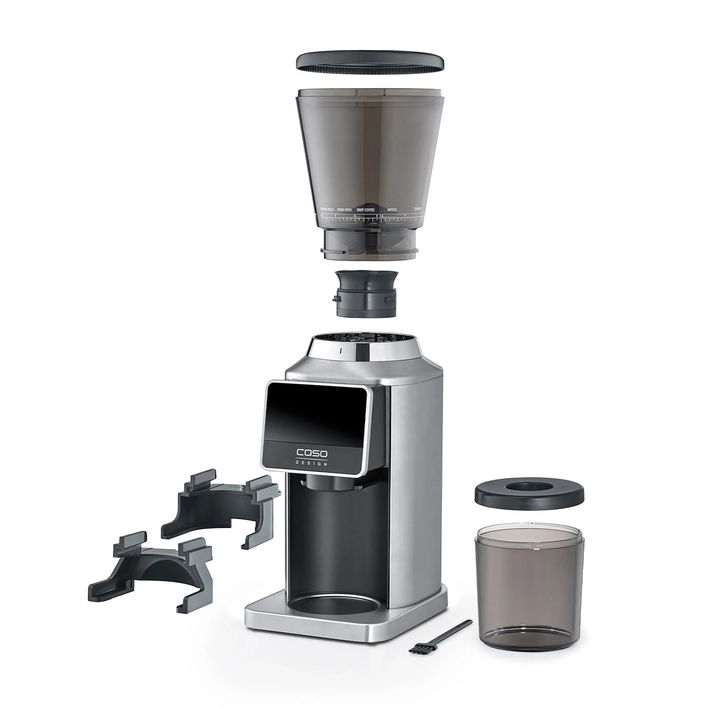Eine Kaffeemühle mit abnehmbaren Teilen, die auf einem weißen Hintergrund arrangiert sind.