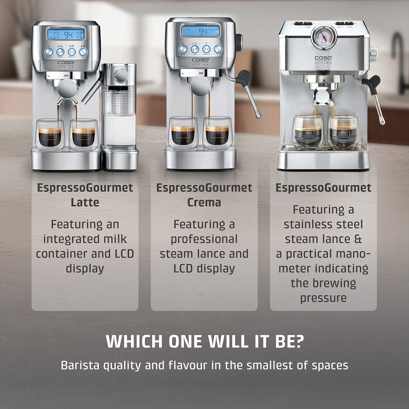 Espresso machines: Latte, Crema, and stainless steel models with LCD display and manometer.
