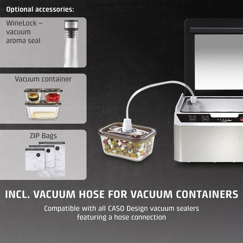 Vacuum sealer with accessories: Wine Lock, containers, ZIP bags. Includes vacuum hose.