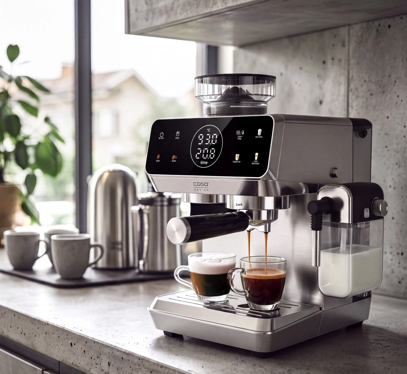 Ein moderner Kaffeevollautomat brüht Espresso in zwei Gläser.