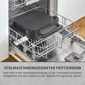Spülmaschinengeeigneter Frittierkorb in einem Geschirrspüler.