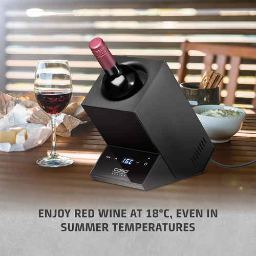 Wine cooler with red wine, glass, cheese and text. Enjoy red wine at 18°C.