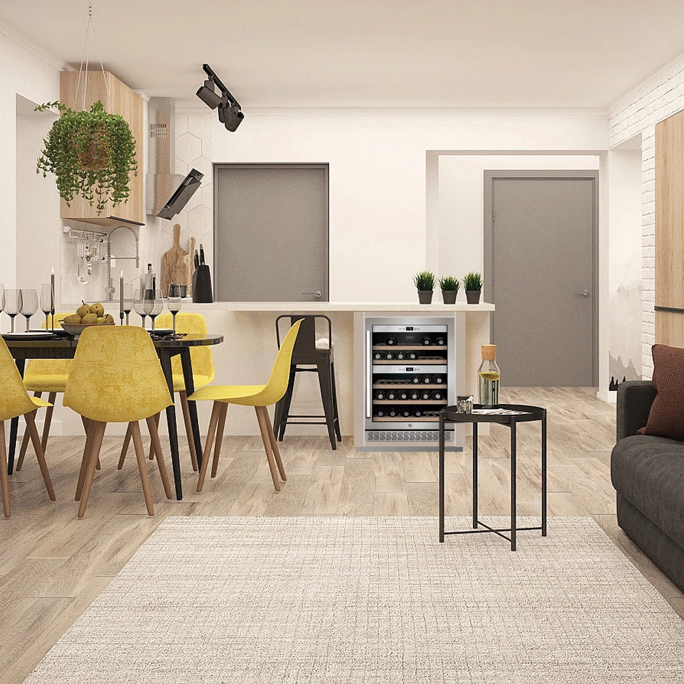 A modern dining area with yellow chairs and a wine cooler.