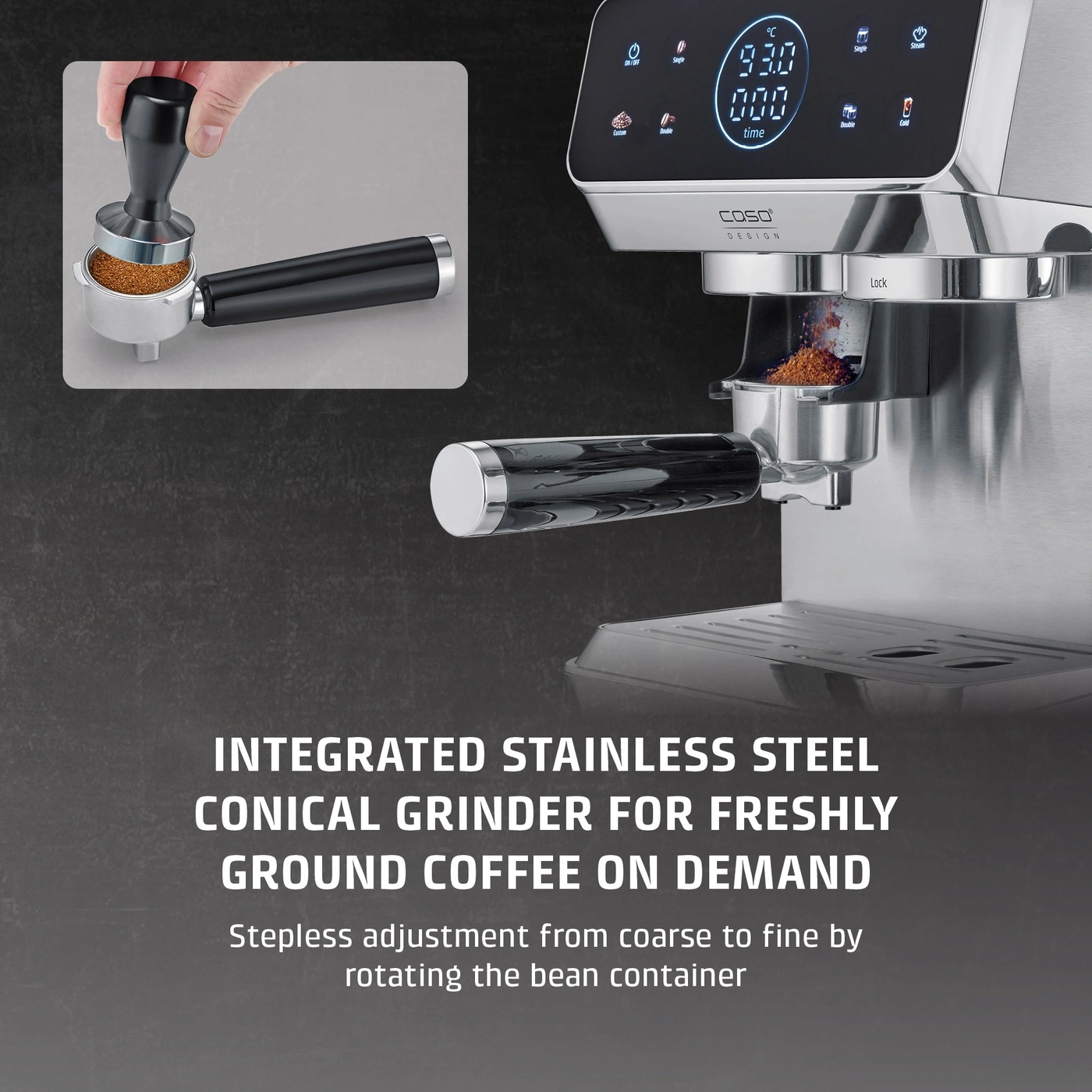 Stainless steel espresso machine with integrated grinder and portafilter