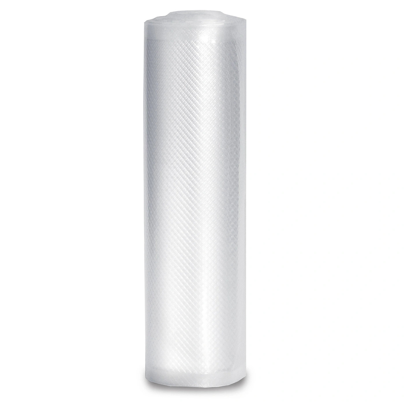 Roll of transparent vacuum sealer bags, textured surface, white background, close-up