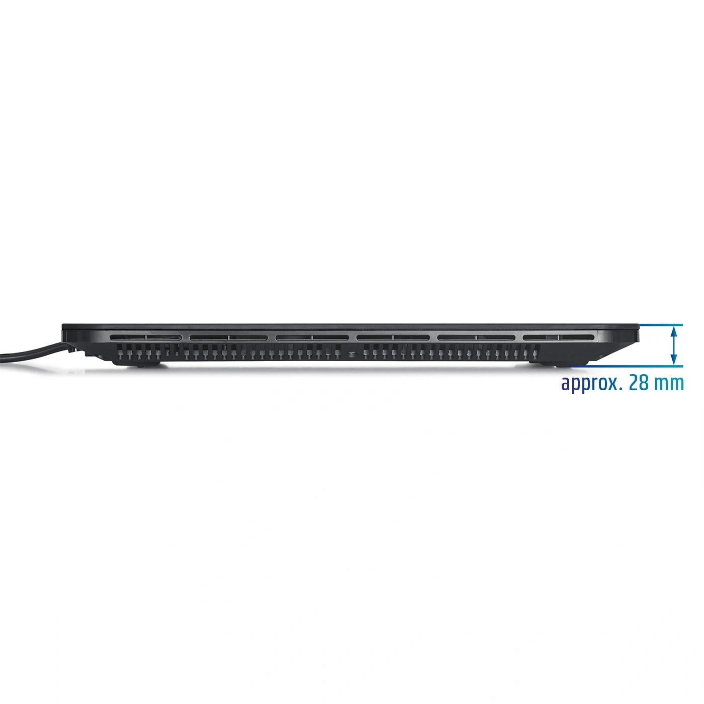Side view of a laptop with a height measurement of approx. 28 mm. Black device.