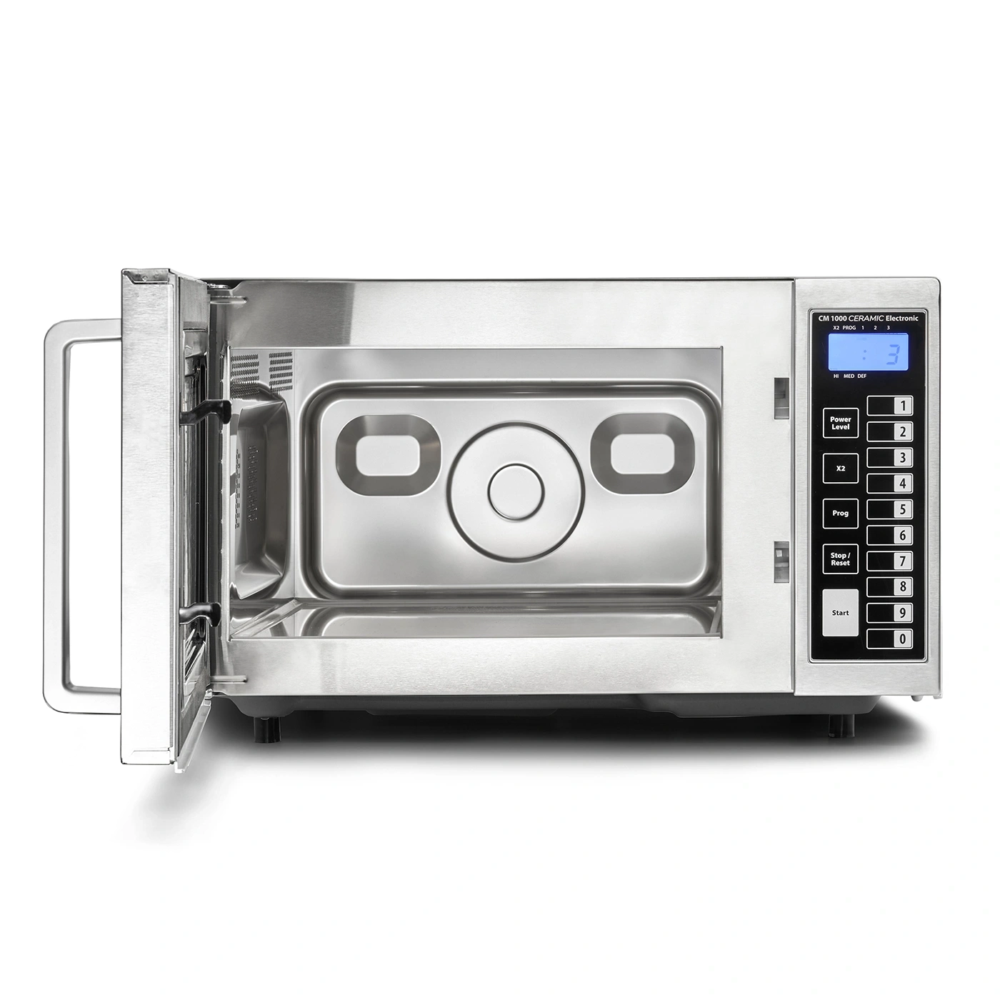 Microwave with open door and control panel with numbers and buttons for operation.
