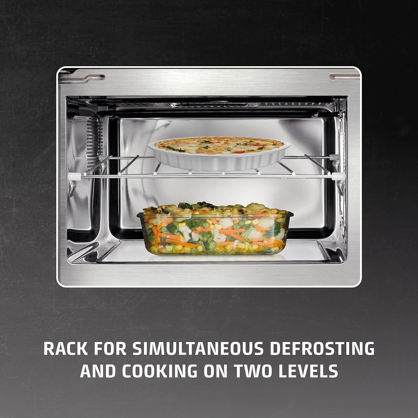 Oven with two levels, food, defrosting and cooking, vegetables and casserole